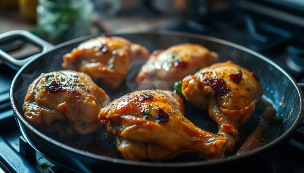 chicken thighs cooking on stove